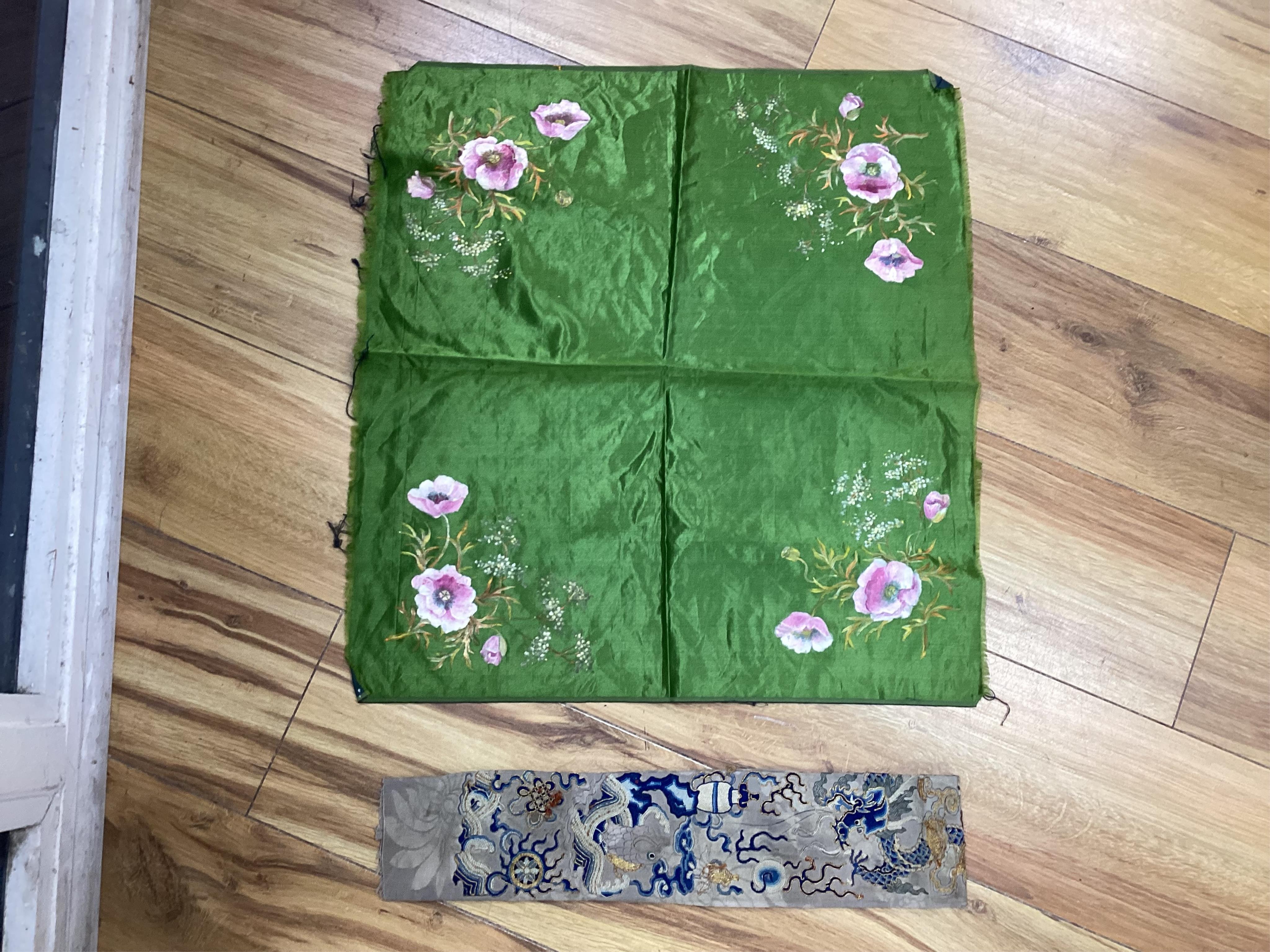 A collection of 18th and 19th century textiles, to include religious Maniples, two cushions, an embroidered chain stitch table cover with intricate edging, a Chinese embroidered panel and floral painted satin. Condition